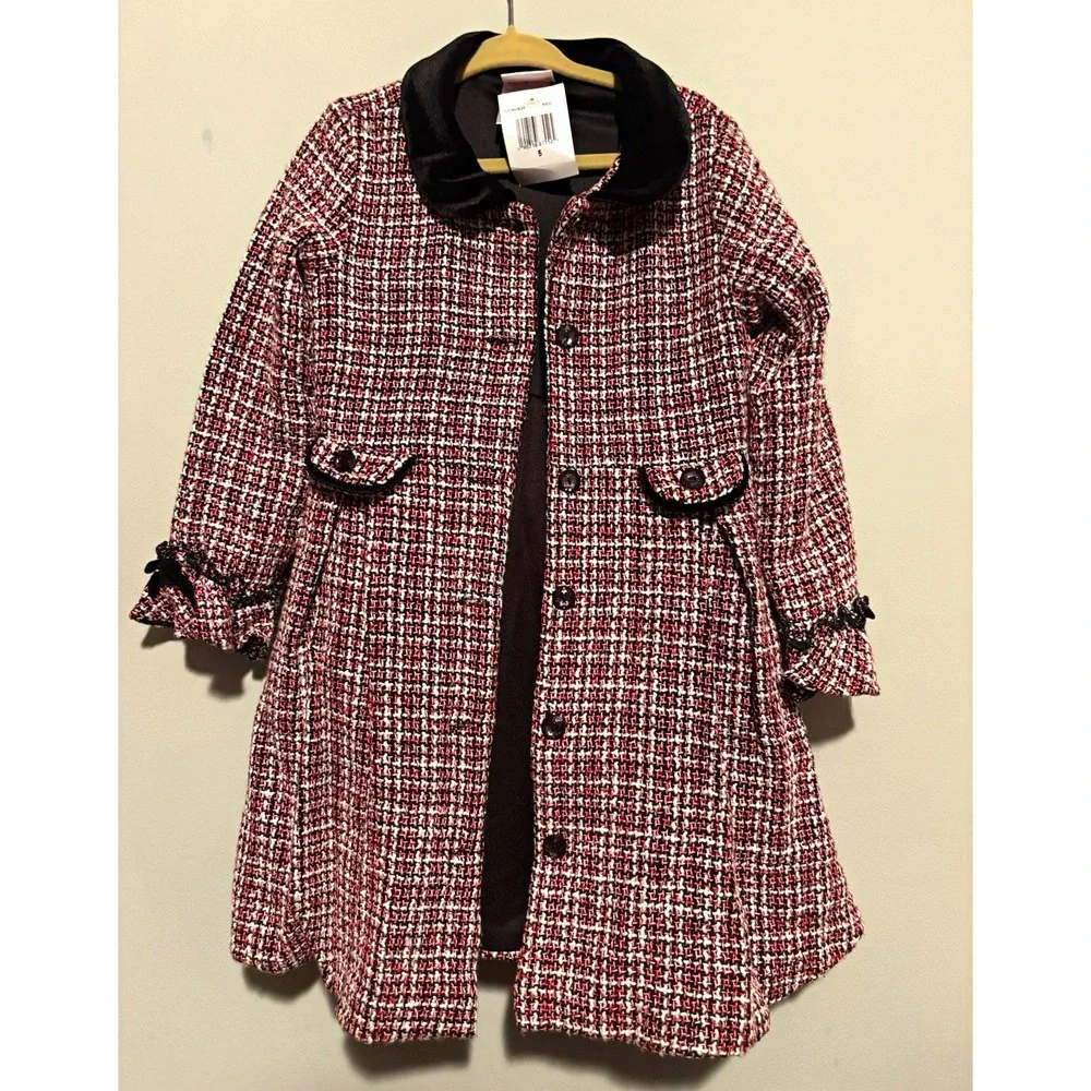 Nannette Kids Girls Red Tweed Coat Size 5 Button Collared Lined Pockets Long